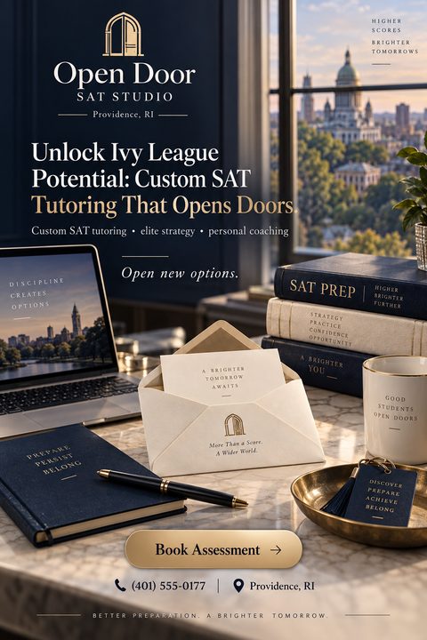 A flyer for SAT tutoring featuring a desk with a laptop, books, a pen, and an envelope. The text reads 'Unlock Ivy League Potential: Custom SAT Tutoring That Opens Doors.' The color scheme is navy blue and gold.