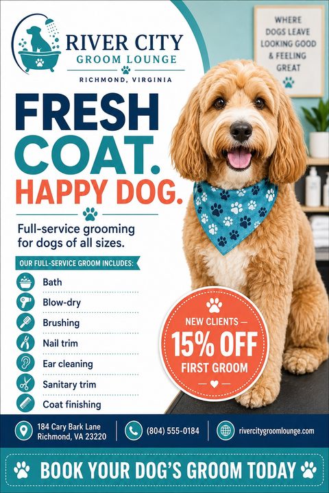 Dog grooming flyer template with a large photo of a fluffy dog wearing a blue bandana. Text reads 'Fresh Coat. Happy Dog.' and lists grooming services like bath, blow-dry, and nail trim. A red badge offers 15% off for new clients.