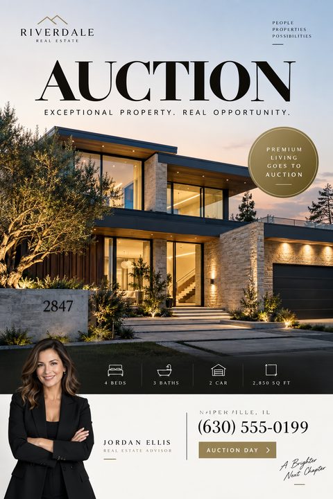 Real estate auction flyer featuring a large photo of a modern, luxury home at twilight, an agent headshot, property details like beds and baths, and contact information.