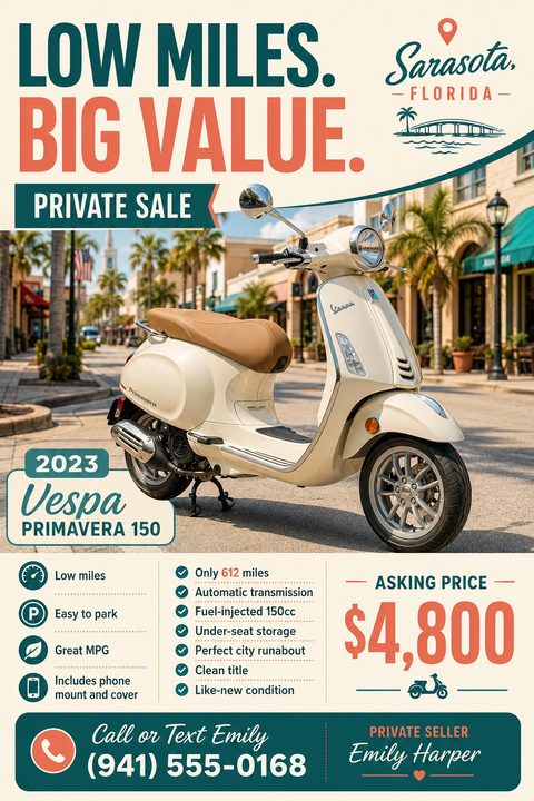 Flyer for a private sale of a 2023 Vespa Primavera 150 scooter. Features a large photo of a cream-colored scooter on a sunny street, with text 'Low Miles. Big Value.' and an asking price of $4,800.