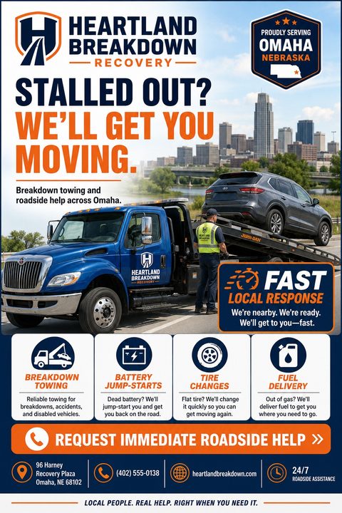 Flyer for Heartland Breakdown Recovery. Headline reads 'Stalled out? We'll get you moving.' Features a photo of a blue tow truck loading an SUV, with icons for breakdown towing, battery jump-starts, tire changes, and fuel delivery.