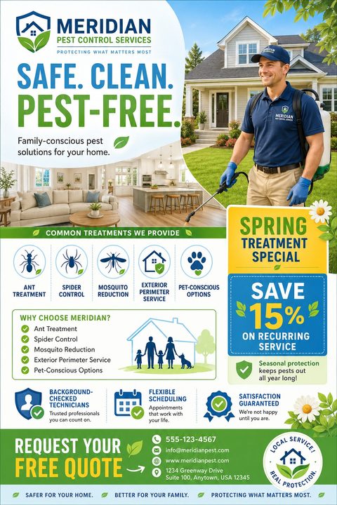 A professional pest control flyer featuring a smiling technician spraying outside a house, an inset living room photo, bug service icons, and a prominent yellow and blue spring special discount box.