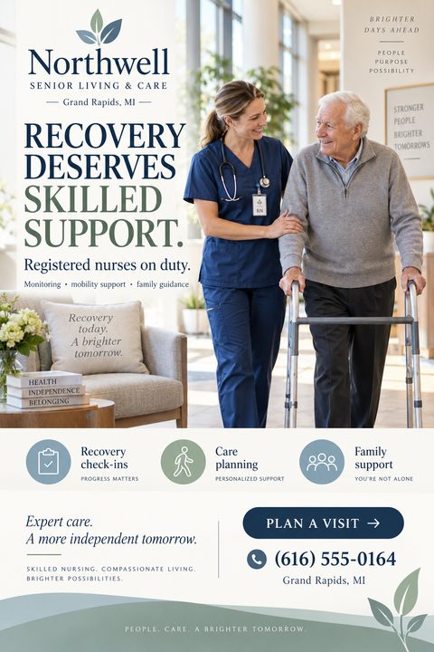 A senior living and care flyer featuring a smiling nurse helping an elderly man with a walker. The design uses a calming navy blue and sage green color scheme with clear service icons.