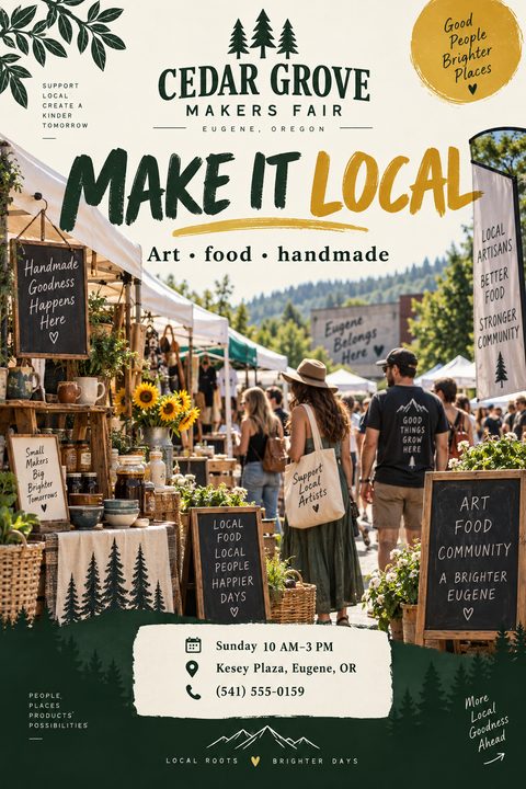 Flyer for a makers fair. Top text reads 'Cedar Grove Makers Fair, Eugene, Oregon' with pine tree graphics. Large text says 'Make It Local: Art, food, handmade'. The background is a photo of people browsing stalls at an outdoor market. Bottom section.