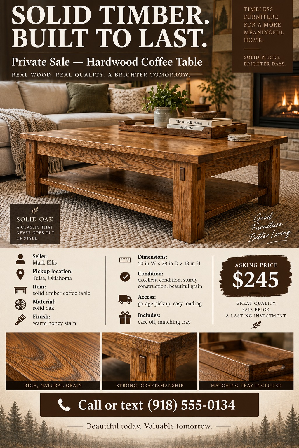 A private sale flyer for a solid timber coffee table featuring a large living room photo, detailed specs with icons, an asking price, and three close-up photos of the wood details.