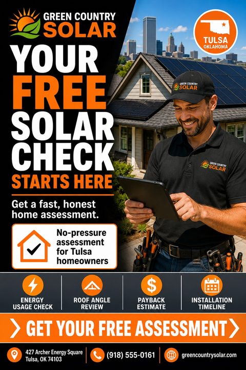 Flyer for a free solar check featuring a smiling technician holding a tablet in front of a house with solar panels. Bold orange and white text on a black background.