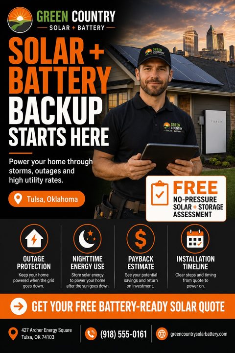 Flyer template for a solar and battery company. Features a photo of an installer holding a tablet in front of a house with solar panels and a battery. Bold orange text reads 'Solar + Battery Backup Starts Here'. Includes icons for outage protection.