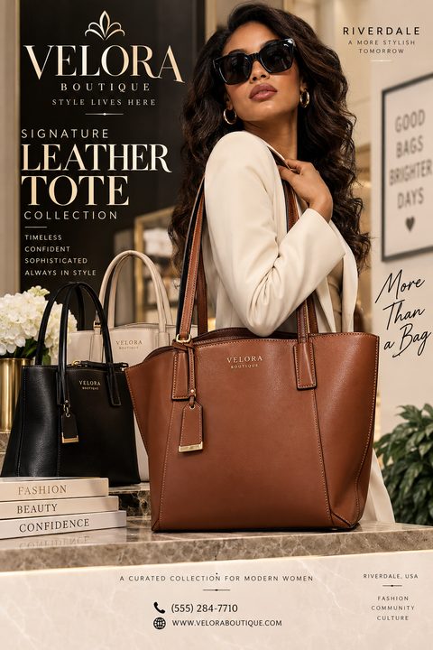 An elegant fashion boutique flyer featuring a model holding a brown leather tote bag. Sophisticated gold typography on a dark background highlights the collection, with a marble counter and contact details below.