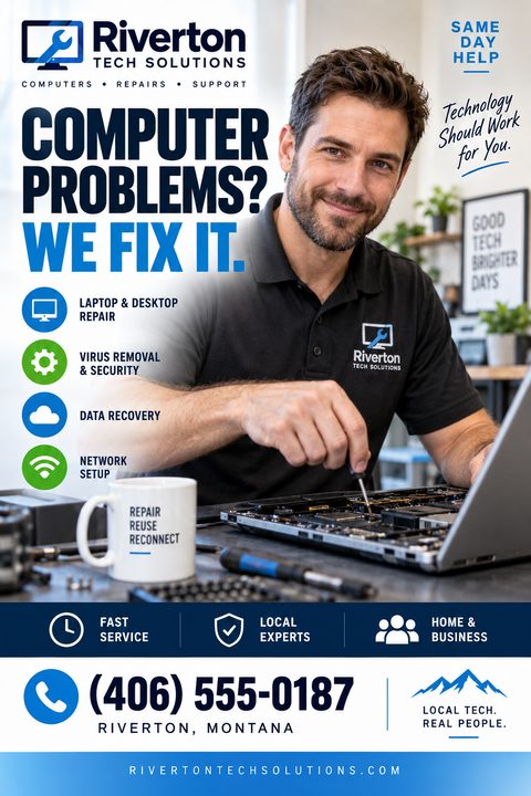 A computer repair flyer featuring a smiling technician working on a laptop. Bold text reads 'Computer Problems? We Fix It.' Includes service icons, contact info, and a blue and white color scheme.