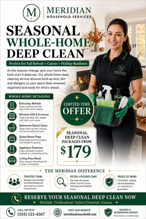 A flyer for Meridian Household Services advertising a Seasonal Whole-Home Deep Clean. It features a smiling woman holding cleaning supplies, a list of services, a limited-time offer, and contact information.