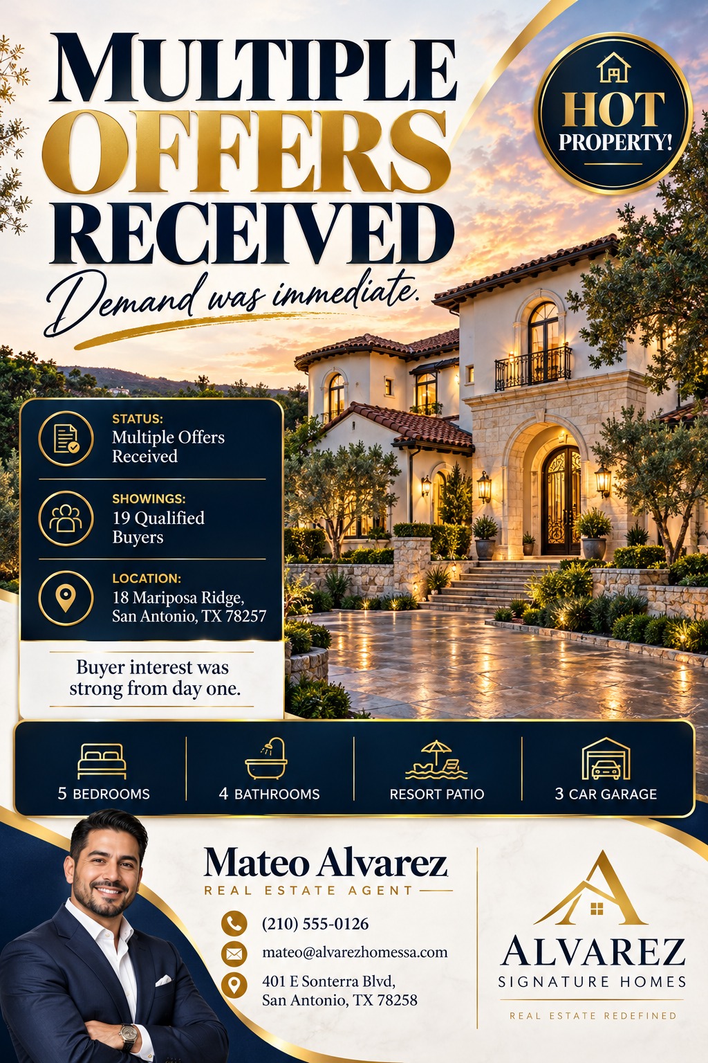 Real estate flyer with a large photo of a luxury home at sunset. Text reads 'Multiple Offers Received' in large navy and gold letters. Includes property details, agent photo, and contact information.