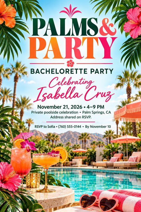 A vibrant bachelorette party invitation featuring a sunny poolside scene with palm trees, mountains, and colorful tropical cocktails. Bold typography in green, orange, and pink highlights the event details.