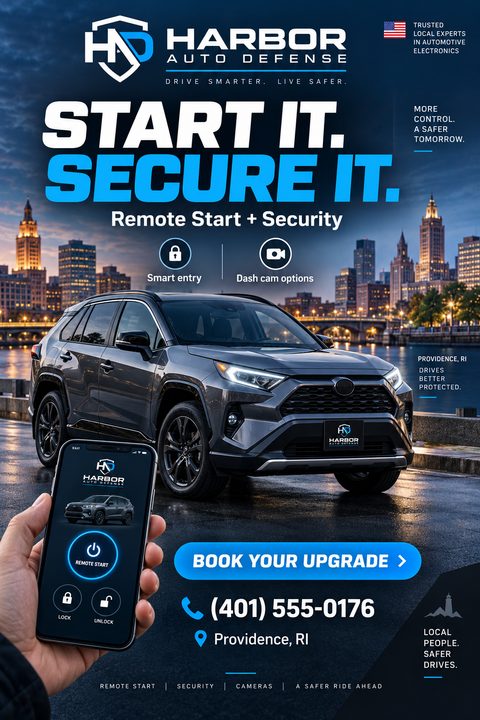 A flyer for automotive security featuring a dark grey SUV parked by a river with a city skyline at dusk. A hand holds a smartphone showing a remote start app.