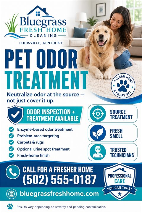 A cleaning service flyer featuring a woman petting a golden retriever on a clean carpet, with blue wave graphics, service checklists, trust badges, and contact information.