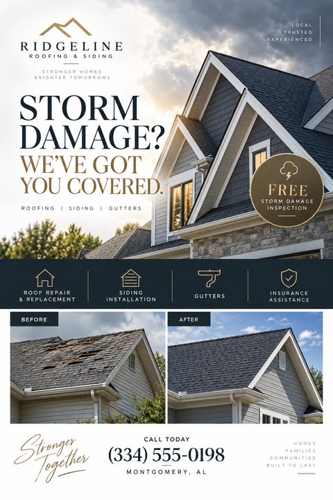 A roofing company flyer featuring a large photo of a house, a gold Free Storm Damage Inspection badge, service icons on a dark blue band, and before-and-after photos of a repaired roof.