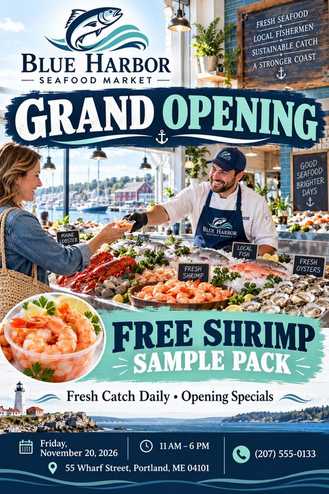 A grand opening flyer for a seafood market featuring a fishmonger serving a customer over a display of fresh seafood, with brush stroke banners and a free sample offer.