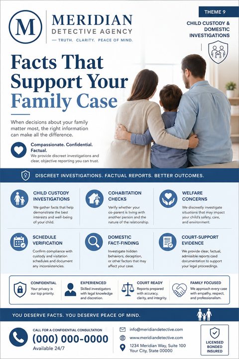 Flyer for Meridian Detective Agency offering child custody and domestic investigations. Features a photo of a family hugging from behind and a grid of services like cohabitation checks and schedule verification.
