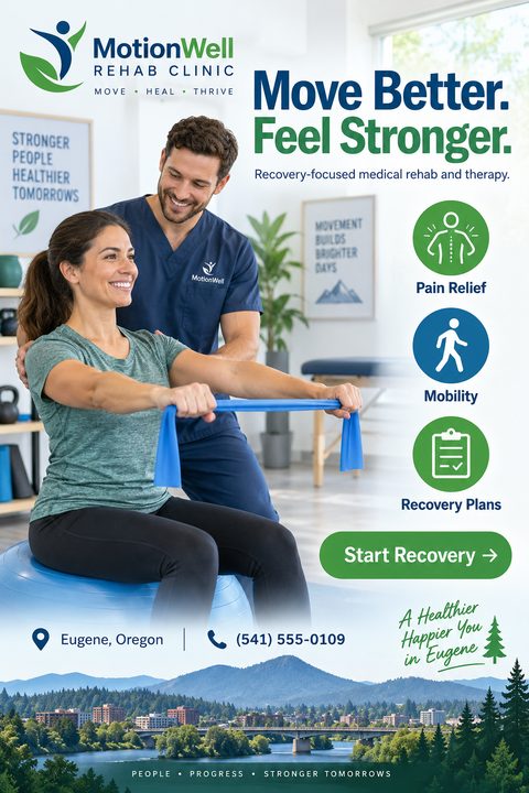 Flyer for a medical rehab clinic featuring a photo of a male therapist assisting a female patient with a resistance band exercise on a stability ball. Includes icons for pain relief, mobility, and recovery plans, plus a landscape photo of Eugene.