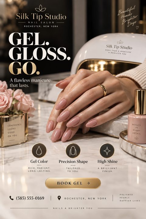 Elegant nail salon flyer template featuring a close-up of hands with a flawless nude gel manicure resting on a marble surface. The design includes gold accents, a UV lamp, nail polish bottles, and text promoting gel color, precision shape, and high.