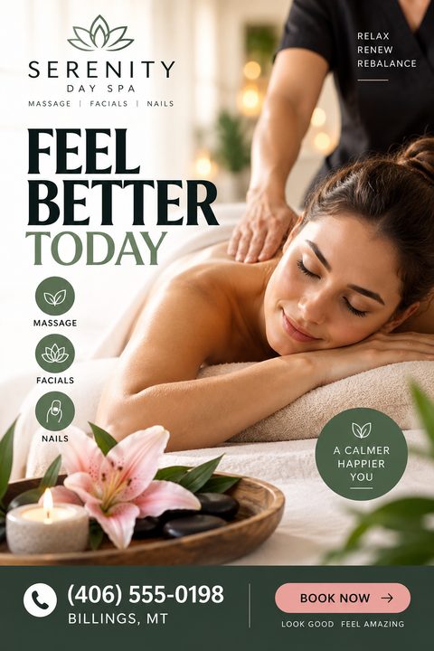 Day spa flyer template with a photo of a woman receiving a massage, a bowl with a candle, flower, and stones, and text listing massage, facials, and nails.