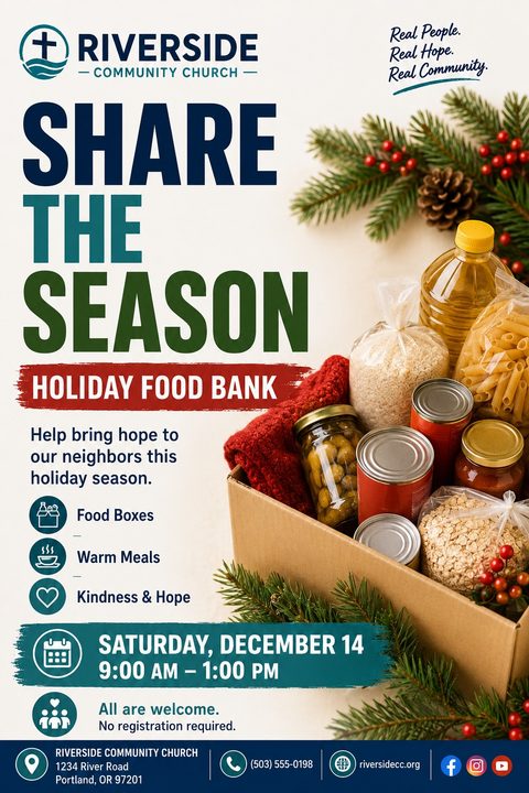 Flyer for a holiday food bank titled 'Share the Season'. Shows a cardboard box filled with non-perishable food items like pasta, rice, and canned goods, decorated with pine branches and berries.