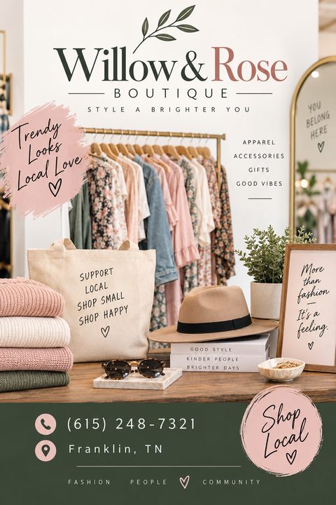A fashion boutique flyer featuring a cozy shop interior with a clothing rack, folded sweaters, a tote bag, and a hat. Soft pink brushstrokes highlight 'Shop Local' and 'Trendy Looks Local Love' messages.