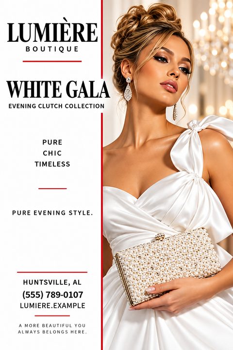 Elegant fashion boutique flyer template with a split layout. The left side features text on a white background with red accents, promoting an evening clutch collection. The right side shows a glamorous woman in a white dress holding a pearl clutch.