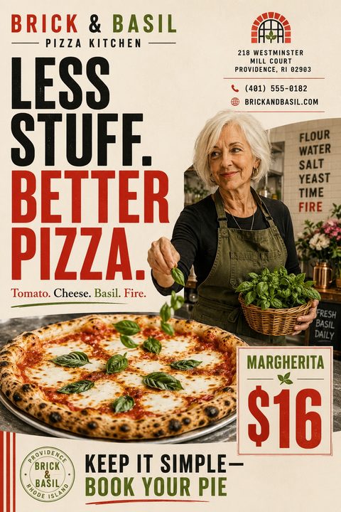 Flyer for Brick & Basil Pizza Kitchen featuring a woman in an apron sprinkling fresh basil on a large Margherita pizza. Bold text reads 'Less Stuff. Better Pizza.' and highlights a $16 special.