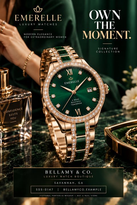 A luxury watch flyer featuring a close-up of a gold watch with an emerald green dial and diamond accents, set against a dark green background with gold text.