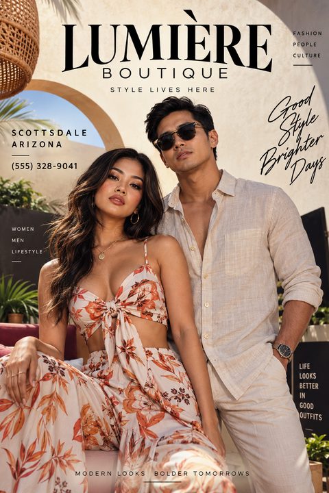 A fashion boutique flyer designed like a magazine cover. It features a stylish couple in summer attire against a warm, architectural background. Text includes 'Lumiere Boutique', 'Style Lives Here', and 'Good Style Brighter Days'.
