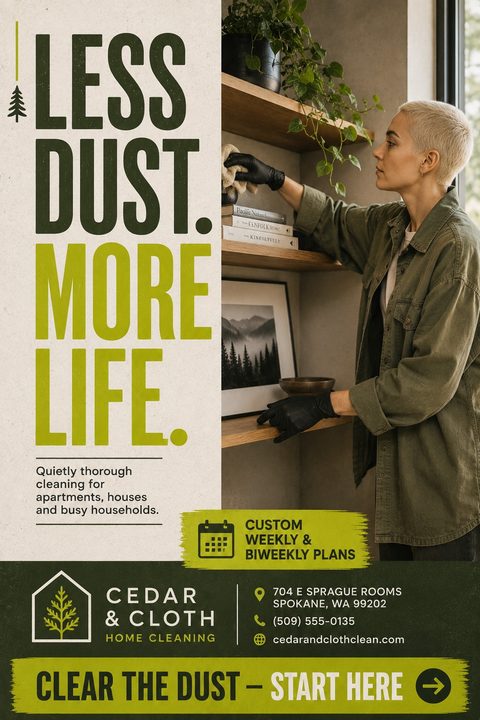 A house cleaning flyer with a large photo of a person dusting shelves. Bold text reads 'Less Dust. More Life.' in dark green and bright green. The bottom section includes contact information for a cleaning company.