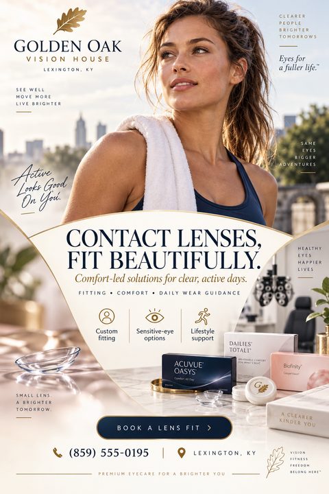 Flyer for an optometry clinic titled 'Contact Lenses, Fit Beautifully.' Features a woman in activewear looking into the distance, and a display of contact lens boxes on a marble surface.