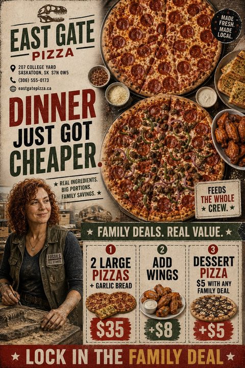 Rustic pizza flyer template. Top right features large pizzas, wings, and garlic bread. Left side has a woman and bold text 'Dinner Just Got Cheaper'. Bottom section details three family deals with prices.
