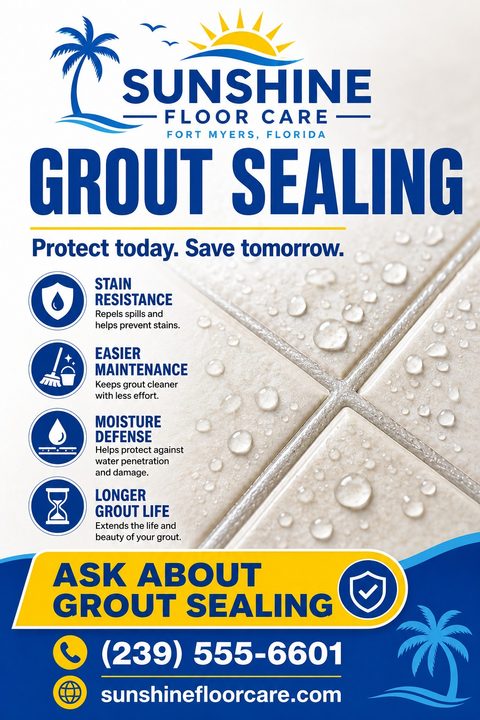 Flyer for Sunshine Floor Care promoting Grout Sealing. Features a close-up of water droplets on sealed tile grout, a list of benefits like stain resistance and easier maintenance, and contact information at the bottom.