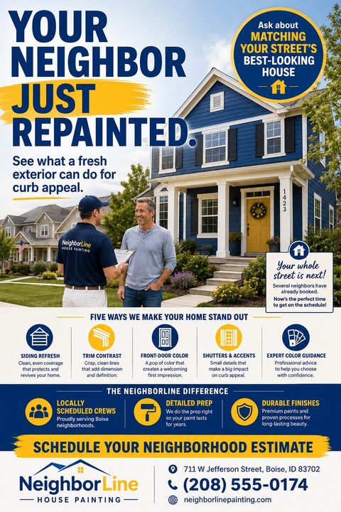 Flyer for exterior house painting services. Features a large photo of a blue house with a yellow door, a painter talking to a homeowner, and icons detailing services like siding refresh and trim contrast.