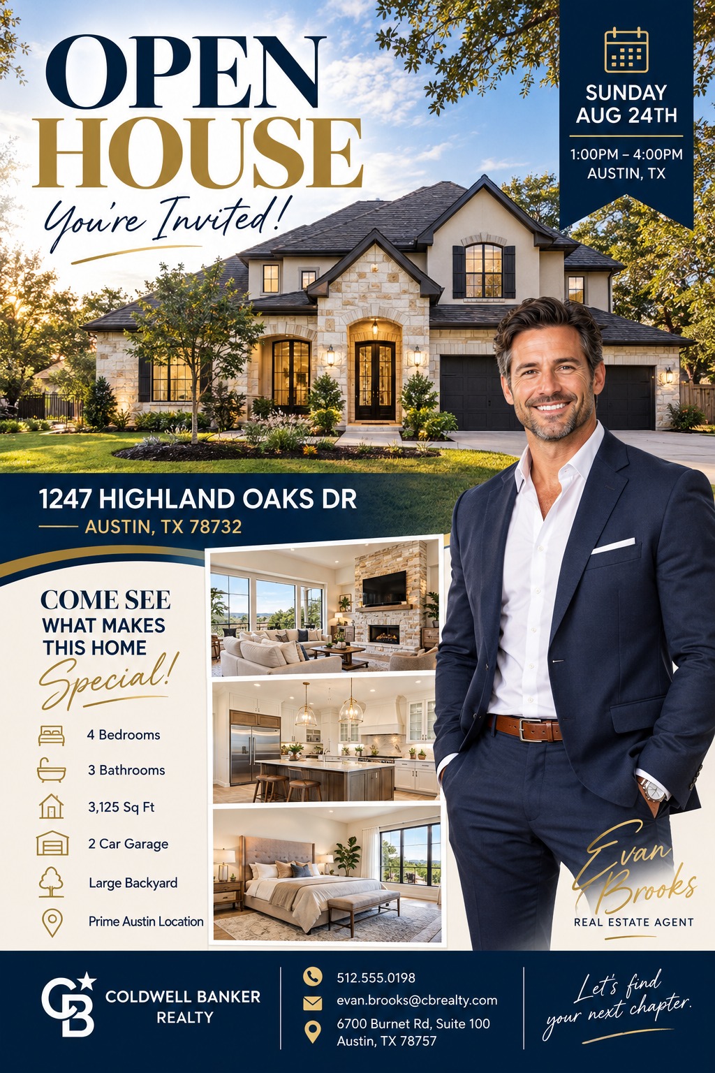 Real estate open house flyer with a large photo of a luxury home exterior, three smaller interior photos, a male agent portrait, and property details in navy and gold.