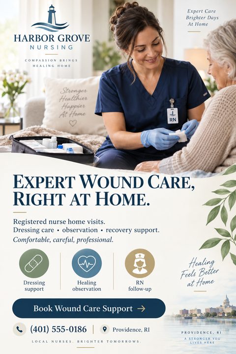 A professional medical flyer featuring a nurse treating an elderly patient at home. It includes a wavy layout, navy blue text, gold accents, botanical leaves, three service icons, and a call-to-action button.