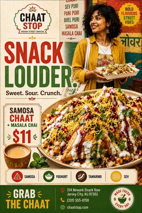 Vibrant Indian street food flyer featuring a large photo of samosa chaat, a smiling woman holding snacks, bold red and green text, a meal deal, and a rustic cream background.