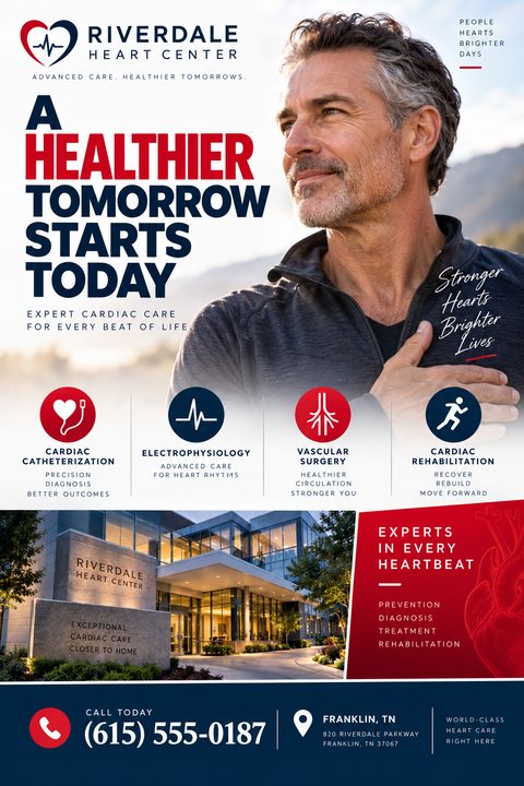 A flyer for Riverdale Heart Center featuring a man holding his hand over his heart, icons for cardiac services, a photo of the clinic building, and contact information.