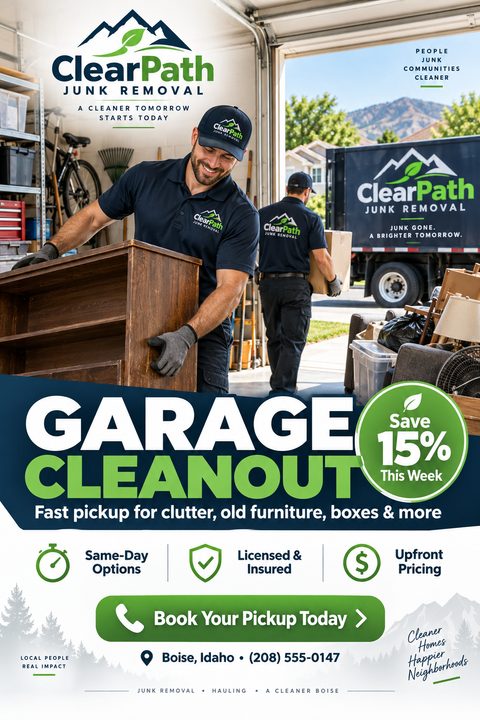 Flyer for junk removal services featuring a photo of two men moving furniture out of a garage into a branded truck. Text reads 'Garage Cleanout, Save 15% This Week, Fast pickup for clutter, old furniture, boxes & more'. Includes icons for same-day.