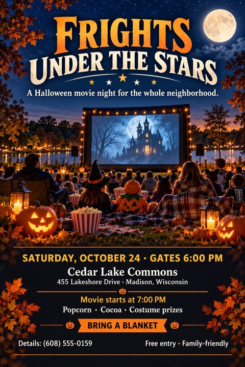 A flyer for an outdoor Halloween movie night. An illustration shows a crowd on blankets watching a haunted house on a giant screen under a starry sky, surrounded by glowing jack-o'-lanterns.