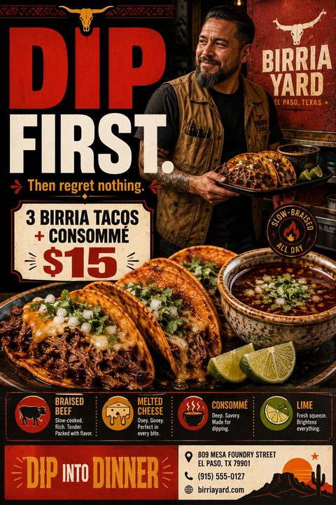 Flyer for Birria Yard featuring a large photo of birria tacos and consommé, a chef holding a plate of tacos, and a special offer for 3 tacos and consommé for $15.