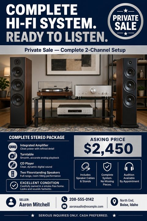A private sale flyer for a hi-fi system with a dark blue and silver color scheme. It features a large photo of a stereo setup, component details with icons, asking price, and seller contact information.
