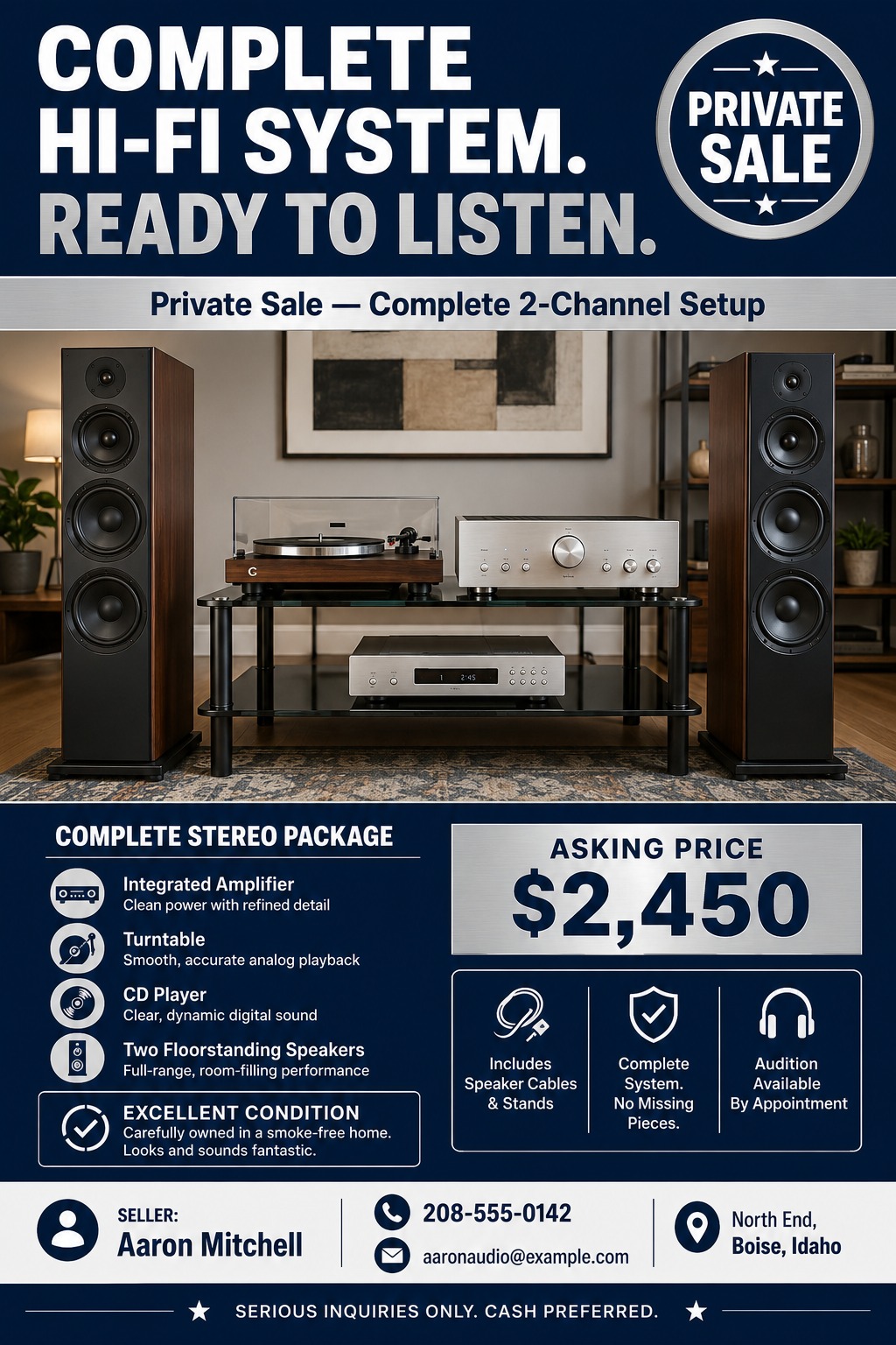 A private sale flyer for a hi-fi system with a dark blue and silver color scheme. It features a large photo of a stereo setup, component details with icons, asking price, and seller contact information.