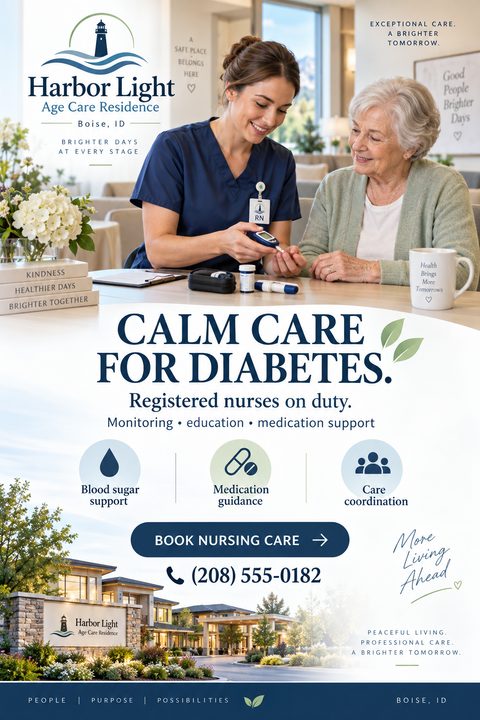 A flyer for Harbor Light Age Care Residence promoting calm care for diabetes. It features a photo of a nurse checking a senior woman's blood sugar, and a photo of the residence building.
