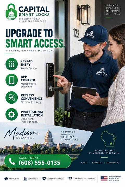 A flyer for Capital Smart Locks, featuring a technician showing a customer how to use a smart lock on a front door. The flyer highlights features like keypad entry, app control, keyless convenience, and professional installation. It includes a phone.