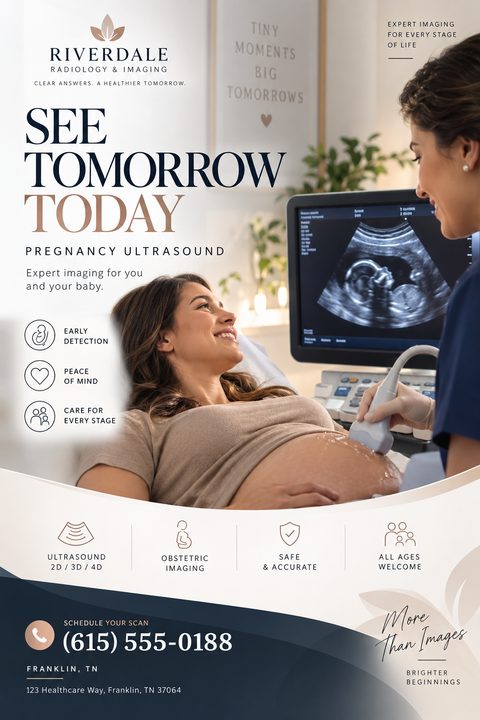 Flyer for Riverdale Radiology & Imaging promoting pregnancy ultrasound services. Features a photo of a pregnant woman receiving an ultrasound from a technician, with icons highlighting services like 2D/3D/4D ultrasound and obstetric imaging.