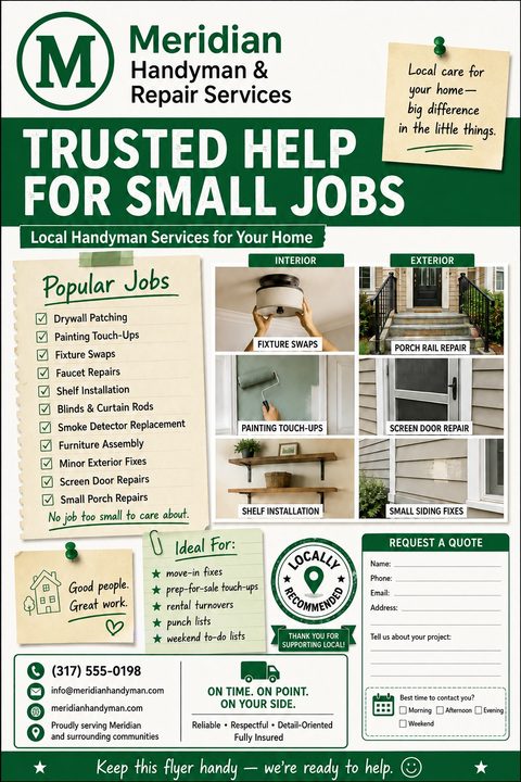 Handyman services flyer with a green and white color scheme. It features a 'Trusted Help for Small Jobs' headline, a checklist of popular jobs on a sticky note graphic, a grid of six photos showing various repairs, and a 'Request a Quote' form.