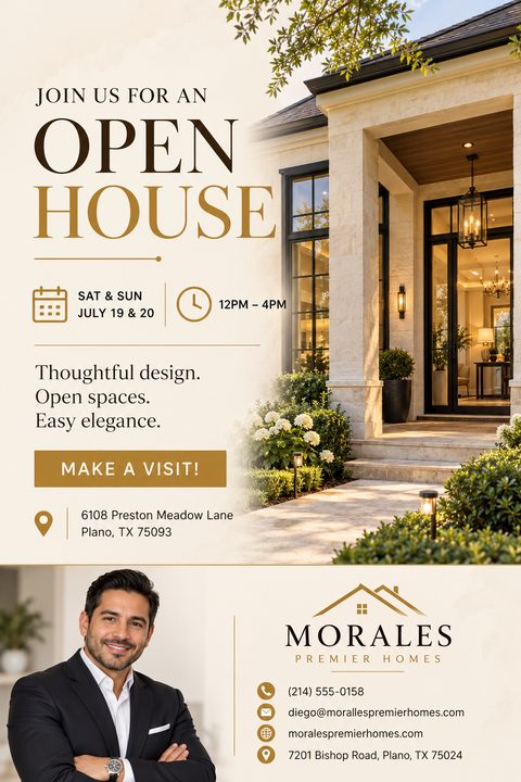 Real estate open house flyer template with a large photo of a luxury home exterior, an agent headshot, and gold text on a cream background.