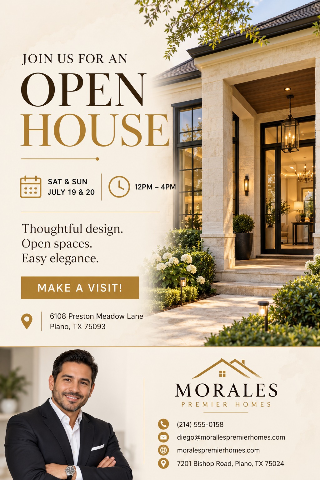Real estate open house flyer template with a large photo of a luxury home exterior, an agent headshot, and gold text on a cream background.